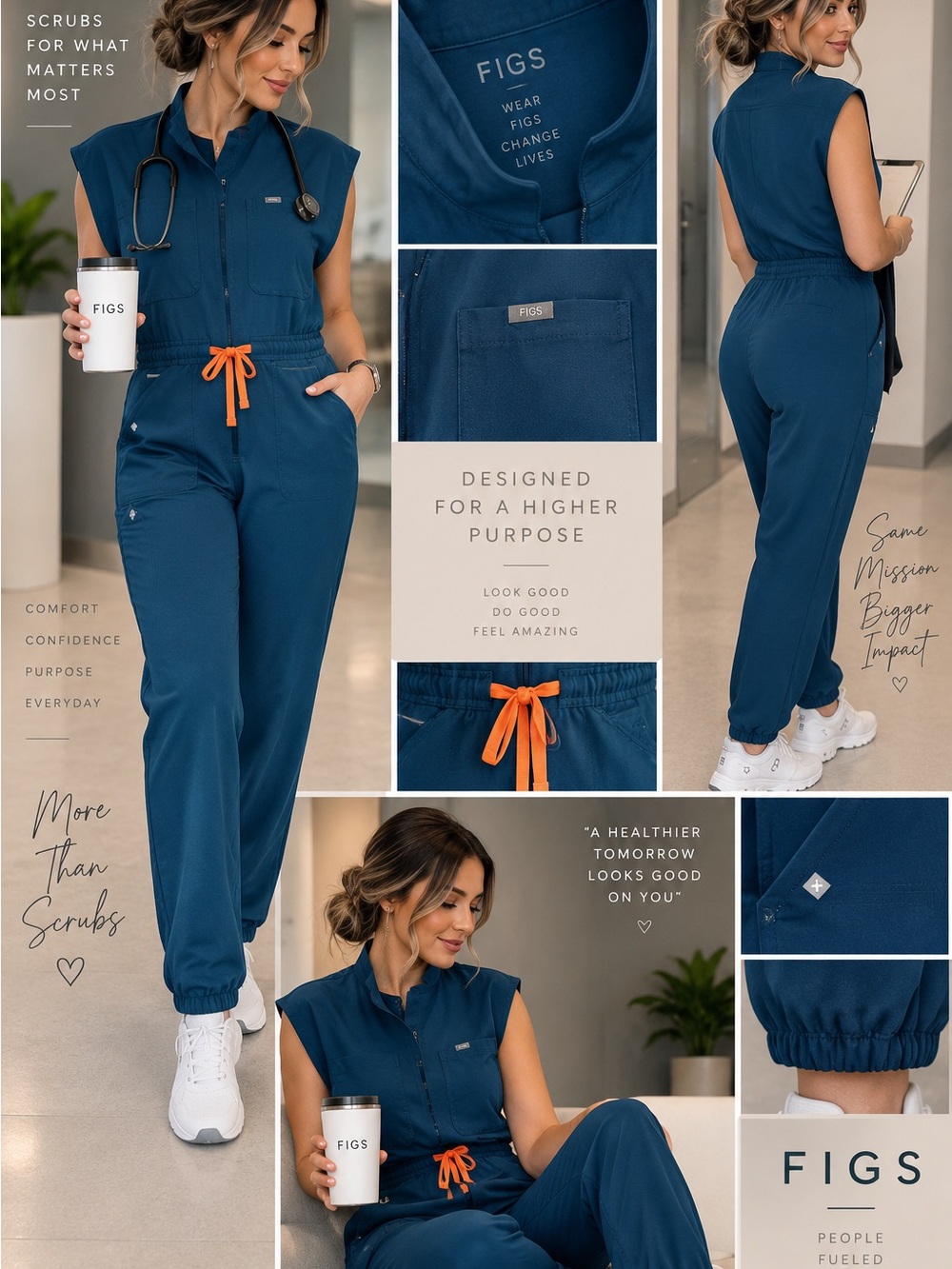 Figs Women’s Sleeveless Jumpsuit in Deep Teal with Orange Drawstring